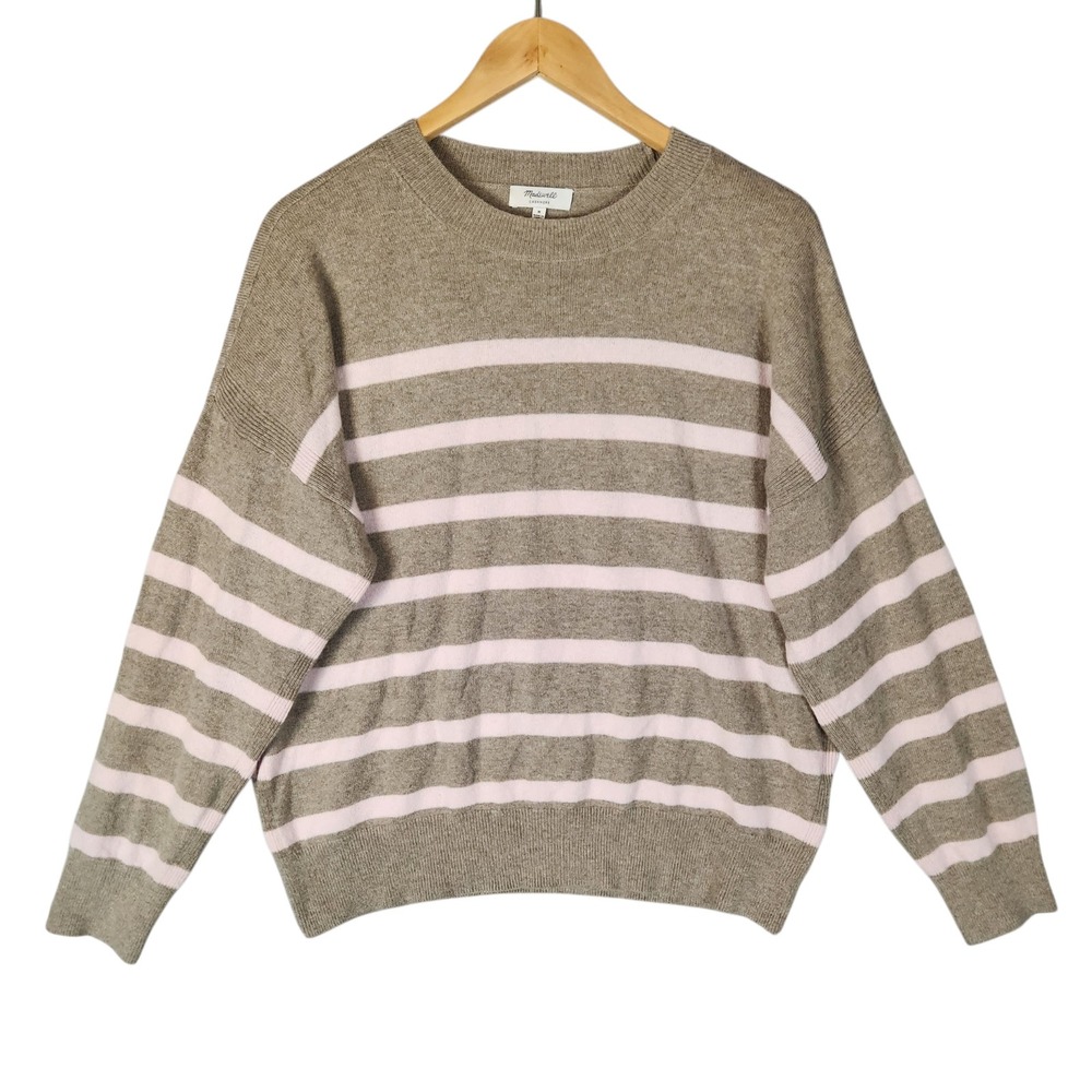 Madewell Cashmere Sweater Size Medium Tan Pink Striped Relaxed Crewneck